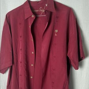 BAMBOO Men's Short-Sleeve Button Down Shirt in Burgundy with Embroidered Palms